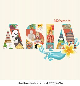 Asia detailed poster. Travel composition with famous asian landmarks. Vector illustration