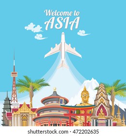 Asia detailed poster. Travel composition with famous asian landmarks. Vector illustration