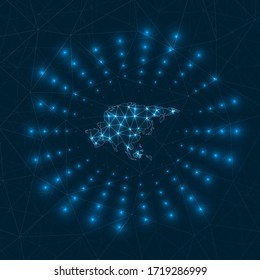 Asia digital map. Glowing rays radiating from the continent. Network connections and telecommunication design. Vector illustration.