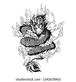 Asia Dragon with fire and cloud in sky drawing tattoo vector with withe background