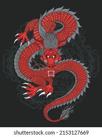 Asia dragon tattoo vector illustration, Perfect for design of t-shirts, stickers, merchandise, etc.