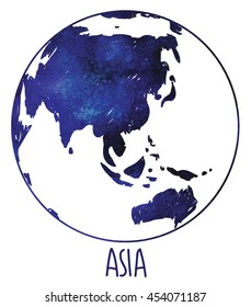 Asia. Earth and continents . Vector drawing on watercolor background staining.