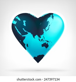 Asia earth globe shaped as heart at modern graphic design isolated vector illustration on white background 