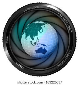 Asia earth globe in shutter ready to snapshot isolated vector illustration