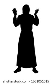 Asia eastern back robe white view historic holy guy monk priest express arm up praise god. Black draw old biblic east saint female human hope logo retro history cartoon happy preacher prophet portrait