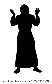 Asia eastern back robe white view historic holy guy monk priest express arm up praise god. Black draw old biblic east saint female human hope logo retro history cartoon happy preacher prophet portrait