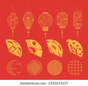 Asia elements. Chinese festive decor floral patterns and ornament, flowers, clouds and ornaments traditional oriental style vector set. Frames, banners, icons. Asian style.