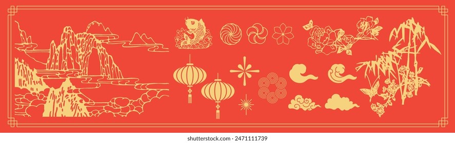 Asia elements. Chinese festive decor. Dragon, cherry blossom flower, firework, hanging lantern, cloud, gold floral pattern, ornament, moon. Asian Lunar New Year. Oriental culture tradition.