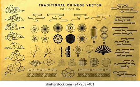 Asia elements. Chinese festive decor floral patterns and ornament, lanterns, clouds and moon, flowers sakura branch oriental vector set. Japanese decoration symbols as bamboo and branches