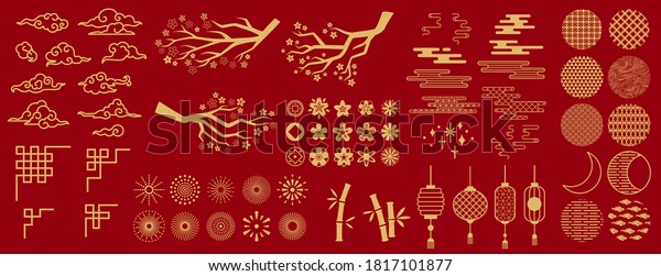 Asia elements. Chinese festive decor gold floral\
patterns and ornament, lanterns, clouds and moon, flowers sakura\
branch oriental vector set. Japanese decoration symbols as bamboo\
and branches