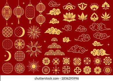 Asia elements. Chinese festive decorative gold traditional symbols, lotus flowers and lanterns, clouds and moon. Oriental new year elegant line and silhouette golden objects vector isolated on red set