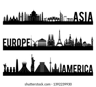 Asia Europe and America continent famous landmark silhouette style with black and white classic color design include by country name,vector illustration