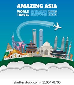 Asia famous Landmark paper art. Global Travel And Journey Infographic. Vector Flat Design Template.vector/illustration.Can be used for your banner, business, education, website or any artwork.