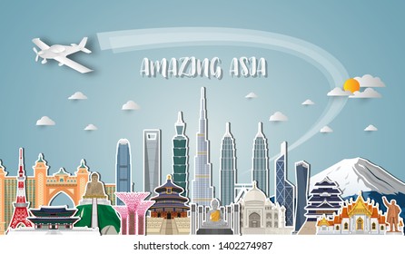 Asia famous Landmark paper art. Global Travel And Journey Infographic Bag. Vector Flat Design Template.vector/illustration.Can be used for your banner, business, education, website or any artwork.