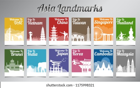 Asia famous landmark in silhouette design with multi color style brochure set,vector illustration