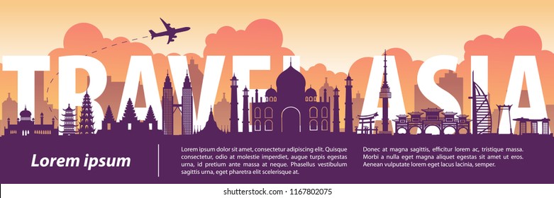 Asia famous landmark silhouette style,text within,travel and tourism,vector illustration,flag color design