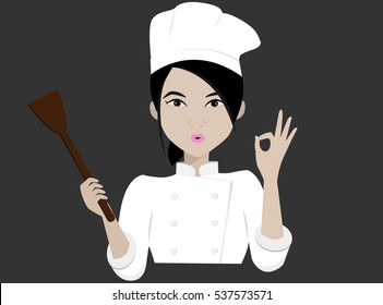 asia female chef with OK sign.vector illustration