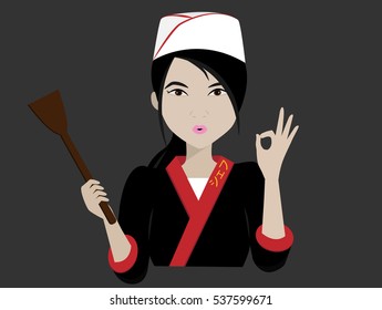 asia female chef with OK sign.vector illustration