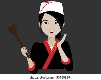 asia female chef with surprise sign.vector illustration
