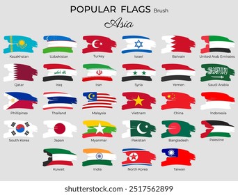 Banderas de Asia con pintura de pincel texturizada. Banderas asiáticas pincel grunge iconos planos. Corea del Sur, Turquía, India, Iraq