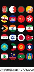 Asia Flags Collection Dark No Label - Elegante runde Vektorsymbole asiatischer Flaggen ohne Text, Dark-Mode-Design geeignet für Apps, Websites, Karten und Branding