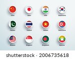 Asia Flags Round 3d Button Circle Icons Vector Set