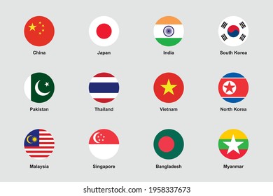 Asia Flags Round Flat Circle Icons Vector Set