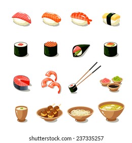 Asia food icon set with sushi rolls sashimi noodle miso isolated vector illustration