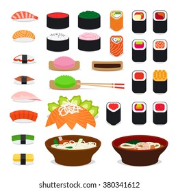 Asia food icons. Sushi and sashimi, noodle and miso soup icons on white background. Vector illustration