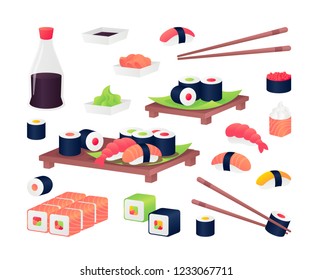 Asia food isolated icon. Set sushi and rolls. Sushi in cute style. Vector illustration