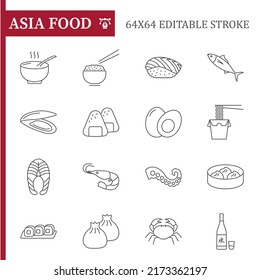 Asia food line icon set, foods vector collection, logo illustrations, asia foods vector icons, outline style pictogram pack, editable stroke icons.