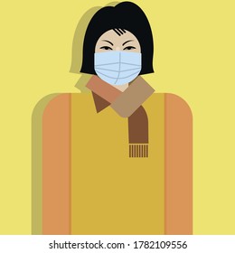  Asia. Girl in a medical mask.
Half-length portrait, flat multicolor, the image of a person in a special device on the face.
