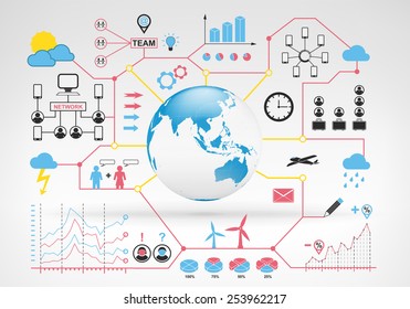 Asia globe map with blue red info graphic icons and graphs around vector background for web and media design collection illustration