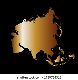 Asia gold map vector silhouette isolated on black background. Strong and powerful economy symbol. Asian continent golden color.