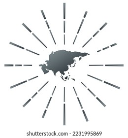 Estallido de sol degradado en Asia. Mapa del continente con coloridos rayos estelares. Ilustración asiática en digital, tecnología, internet, estilo de red. Ilustración vectorial.