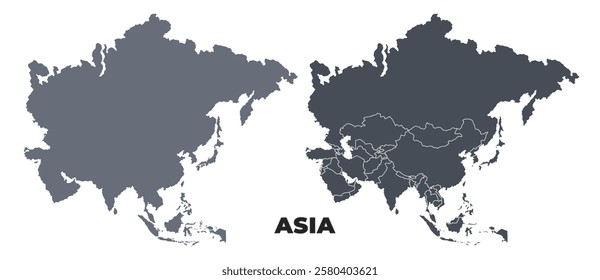 Asia grey political map simple flat illustration set