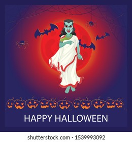 Asia happy Halloween, India Halloween Costume Party. Group of kids in Halloween costume sitting on a giant pumpkin. In the moonlight. Orange background, Booth, ghost, Scary ghosts,witch