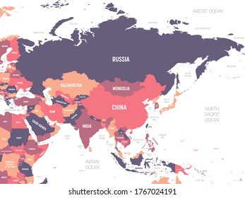 Asia. High detailed political map of asian continent with country, ocean and sea names labeling.