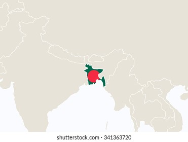 Asia with highlighted Bangladesh map. Vector Illustration.
