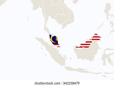 Asia with highlighted Malaysia map. Vector Illustration.
