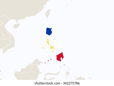 Asia with highlighted Philippines map. Vector Illustration.
