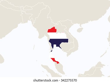 Asia with highlighted Thailand map. Vector Illustration.
