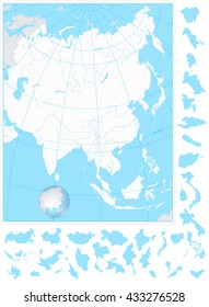 Asia highly detailed blank map and and it's separated states.All elements are separated in editable layers clearly labeled.