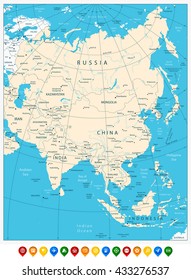 Asia highly detailed map and colored map pointers.All elements are separated in editable layers clearly labeled.