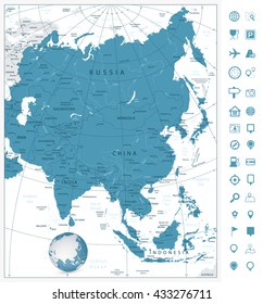 Asia highly detailed map and navigation icons.All elements are separated in editable layers clearly labeled.