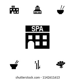 Asia icon. collection of 7 asia filled icons such as temple, spa building, asian food, fan. editable asia icons for web and mobile.