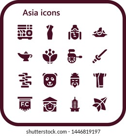 asia icon set. 16 filled asia icons.  Collection Of - Sushi, Cheongsam, Buddha, Rice, Magic lamp, Blossom, Rickshaw, Katana, Wing chun, Panda bear, Chinese, Kimono, Flag, Vietnamese