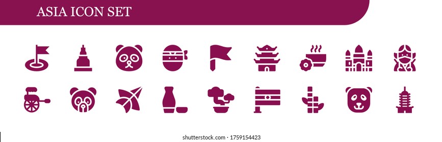 asia icon set. 18 filled asia icons. Included Flag, Temple, Panda bear, Ninja, Pagoda, Bowl, Angkor wat, Rickshaw, Thai kite, Sake, Bonsai, India, Bamboo icons