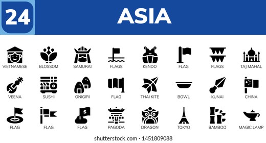 asia icon set. 24 filled asia icons.  Collection Of - Vietnamese, Blossom, Samurai, Flags, Kendo, Flag, Taj mahal, Veena, Sushi, Onigiri, Thai kite, Bowl, Kunai, China, Pagoda