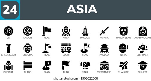 asia icon set. 24 filled asia icons.  Collection Of - Om, Kamon, Flag, Ninja, Pagoda, Katana, Panda bear, Arab woman, Cheongsam, Buddha, Sushi, Elephant, Flags, Vietnamese icons